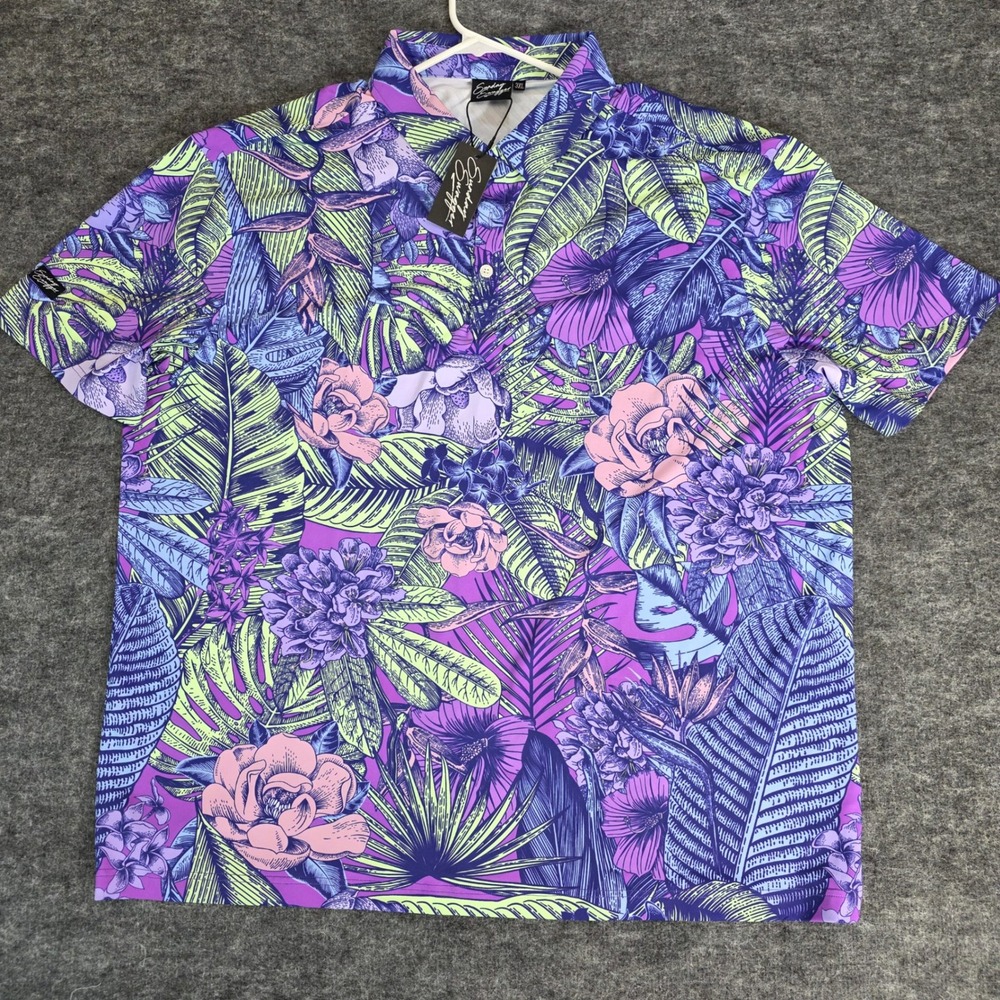 Sunday Swagger Ibiza Polo Shirt Mens 3XL Purple Tropical Floral Beach Golf NWT
